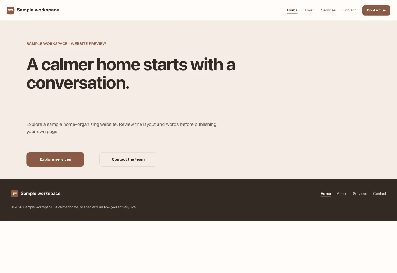 Sample workspace website preview rendered by Fink Big, with a page heading and links to services and contact.